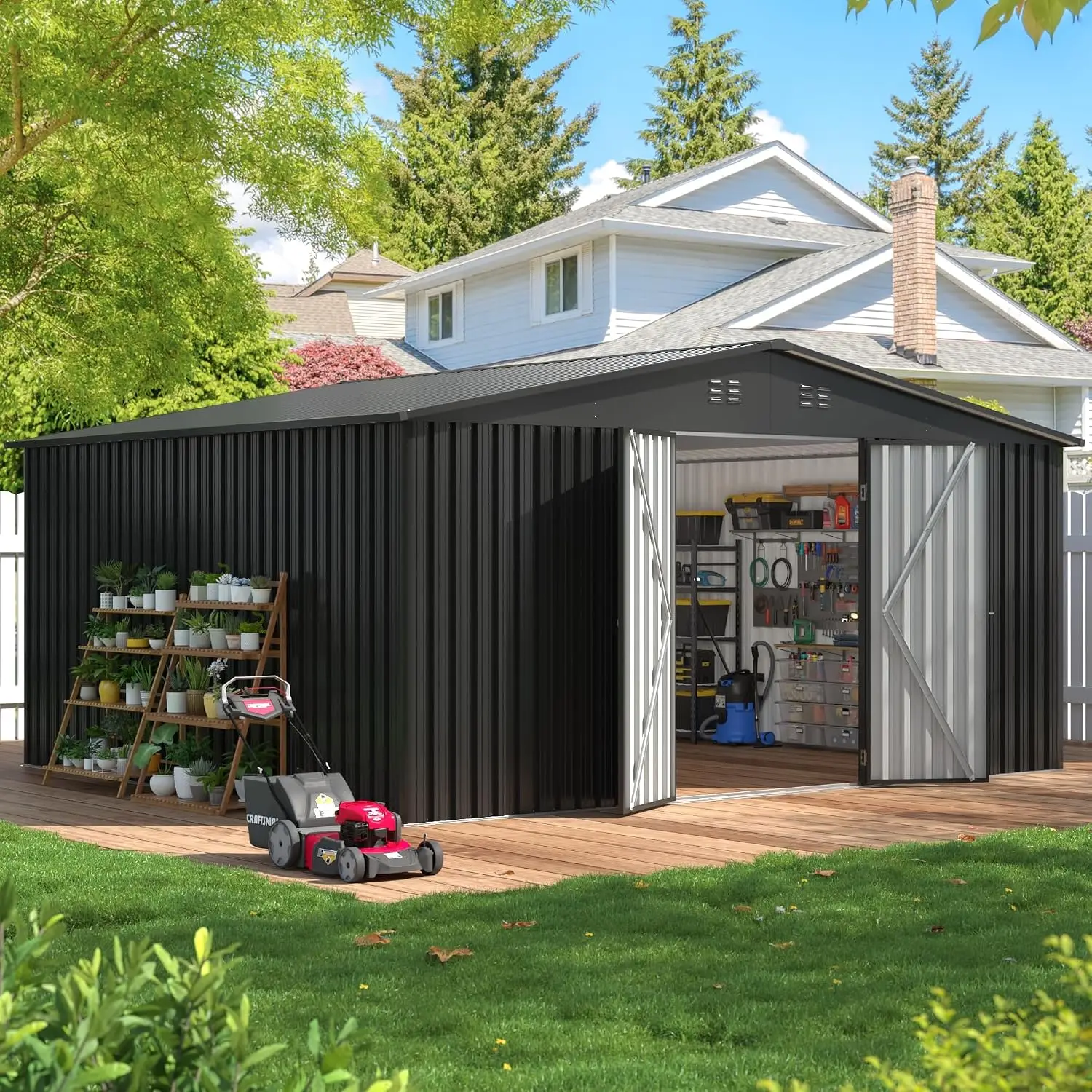 14x12 FT Metal Outdoor Storage Shed with Lockable Door & Sloped Roof, Waterproof Garden Tool Shed for Backyard Patio, Customized