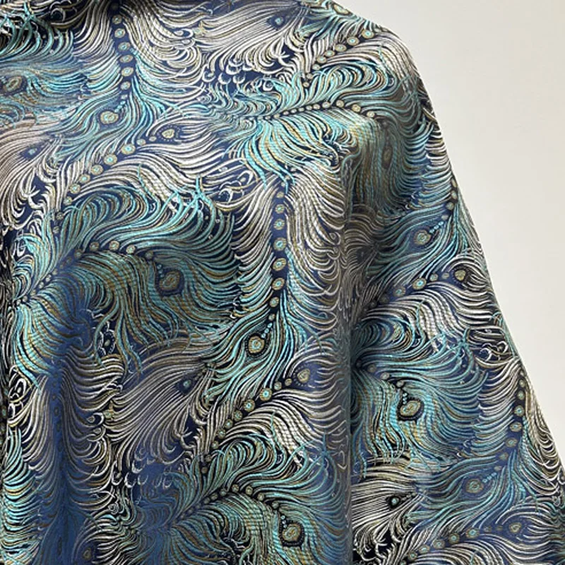 Pre-cut Blue Peacock Tail Brocade, Luxurious Texture Intricate Pattern Decorative Fabric For Dresses, Coat, Cushion Upholstery