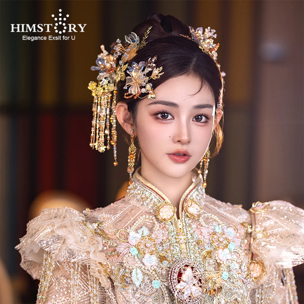 HIMSTORY Chinese Classical Bride Xiuhe Dress Headdress Elegance Hanfu Hairpin Set Flower Tassel Head Accessories