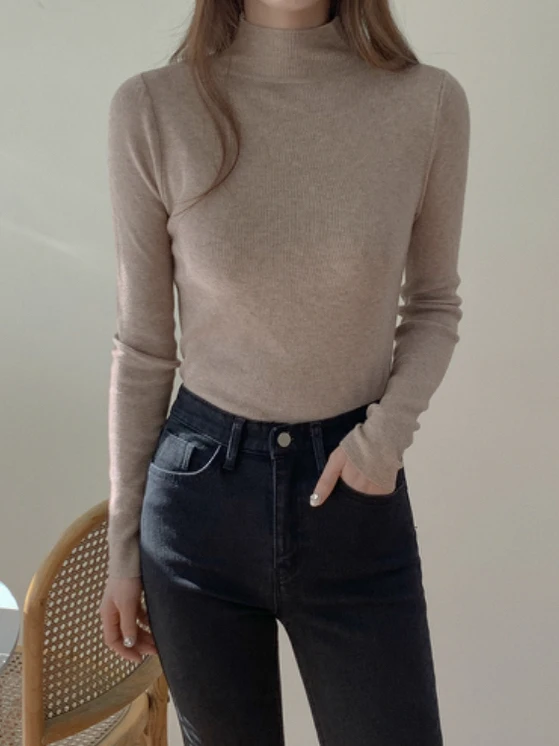 

Женский вязаный свитер Slim Fit с высоким воротником, осень-зима 2025, новинка, однотонный, повседневный стиль