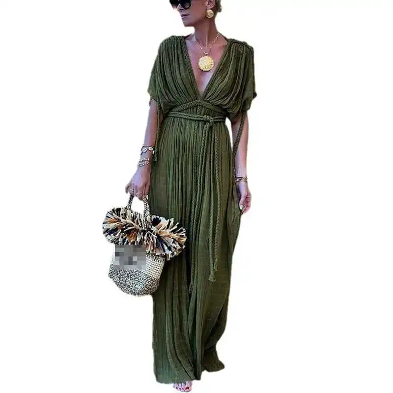 섹시한 브이넥 비치 스커트 여성 여름 휴가용 루즈핏 드레스 여성스럽고 우아한 다용도 봄 가을 겨울용