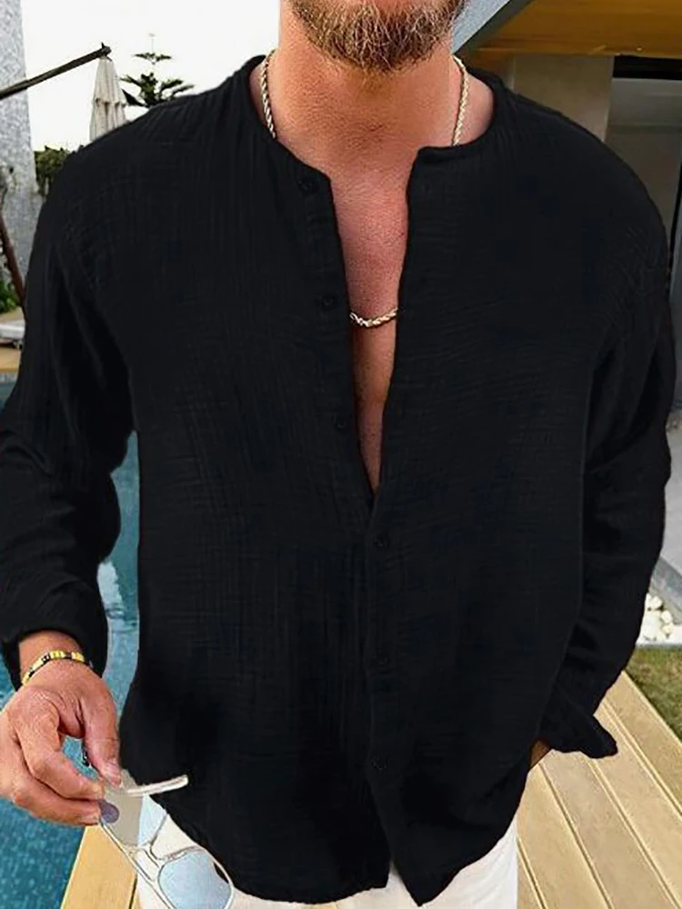 

Men's Wrinkled Texture Casual Shirt Single Breasted Solid Loose Long Sleeve Henley Tee Fashion Autumn Beach Vacation Shirts Tops