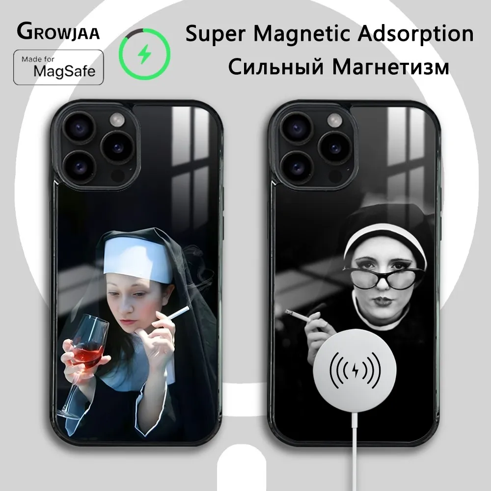 

Smoking Drinking Nuns Religious Phone Case For iPhone 16 15 14 13 12 11 Pro Max Plus Mini Magsafe Mirror Wireless Magnetic Cover