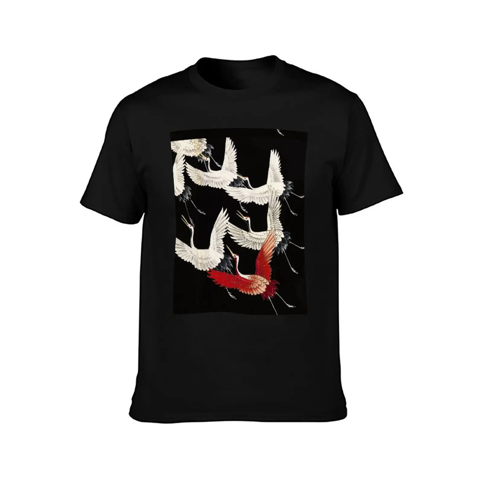 Scarf version of Wild cranes in Black T-Shirt man t shirt oversizeds sports fans vintage clothes mens cotton t shirts