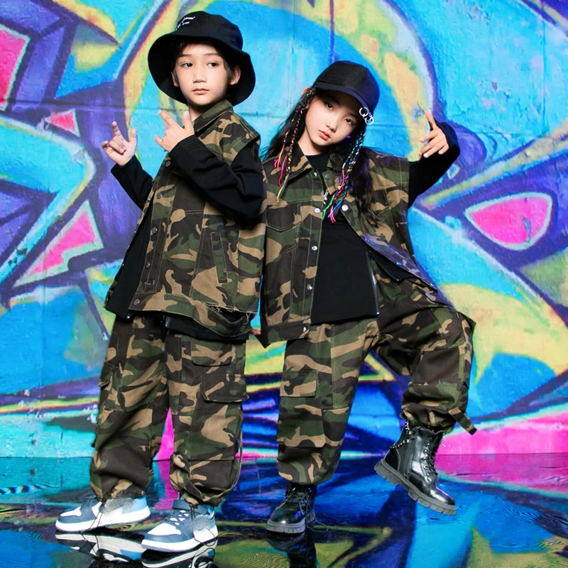 Ropa de Hip-Hop para niños, chaleco de camuflaje, pantalones Cargo, trajes de Hip-Hop Kpop para niñas, ropa de rendimiento de baile de Jazz DN13330