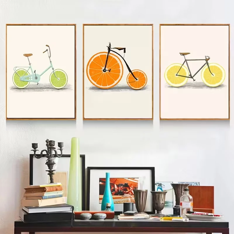 

3pcs Orange Fruit, Bicycle, Restaurant, Living Room, Nordic Decorative Canvas Pictures, Wall Art Posters, Decorative Paintings