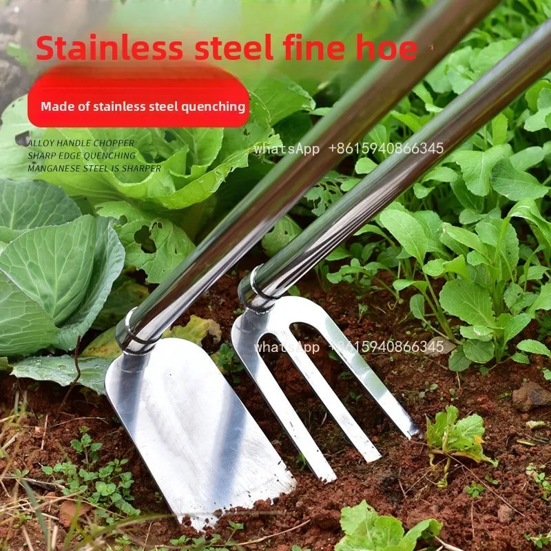 Long handled stainless steel thick rake for digging soil, planting vegetables, weeding, agricultural hoe