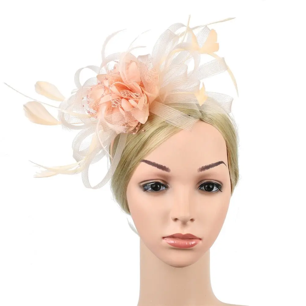 Women Royal Races Wedding  Bride Hair Fascinator Headdress Flower Hairclip Headband Beaded Feather