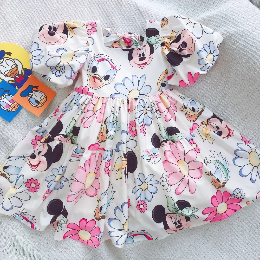 Girls' Summer Clothes Mickey Mouse Daisy Cartoon Puff Sleeve Baby Girl Casual Dress Girls Backless Cute Pastoral Princess Dress