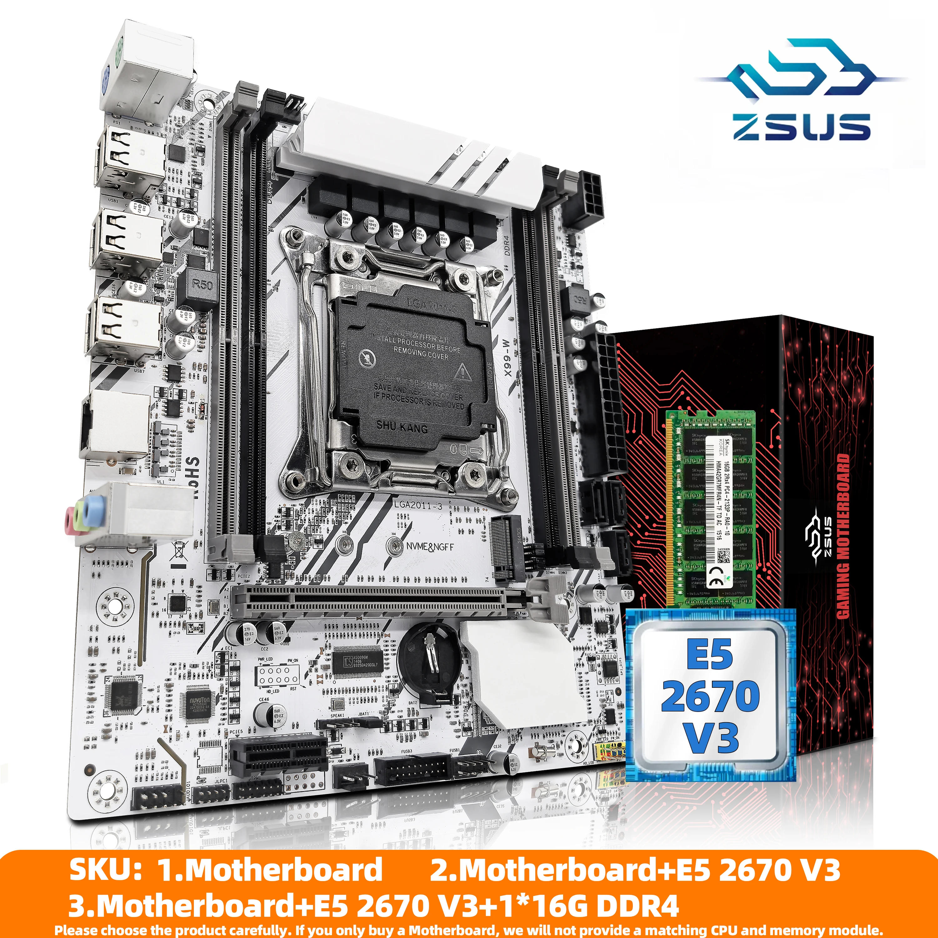 Zsus x99 conjunto de placa-mãe com LGA2011-3 xeon e5 2670 v3 cpu ddr4 16gb (1*16gb) 2133mhz memória ram nvme m.2 sata