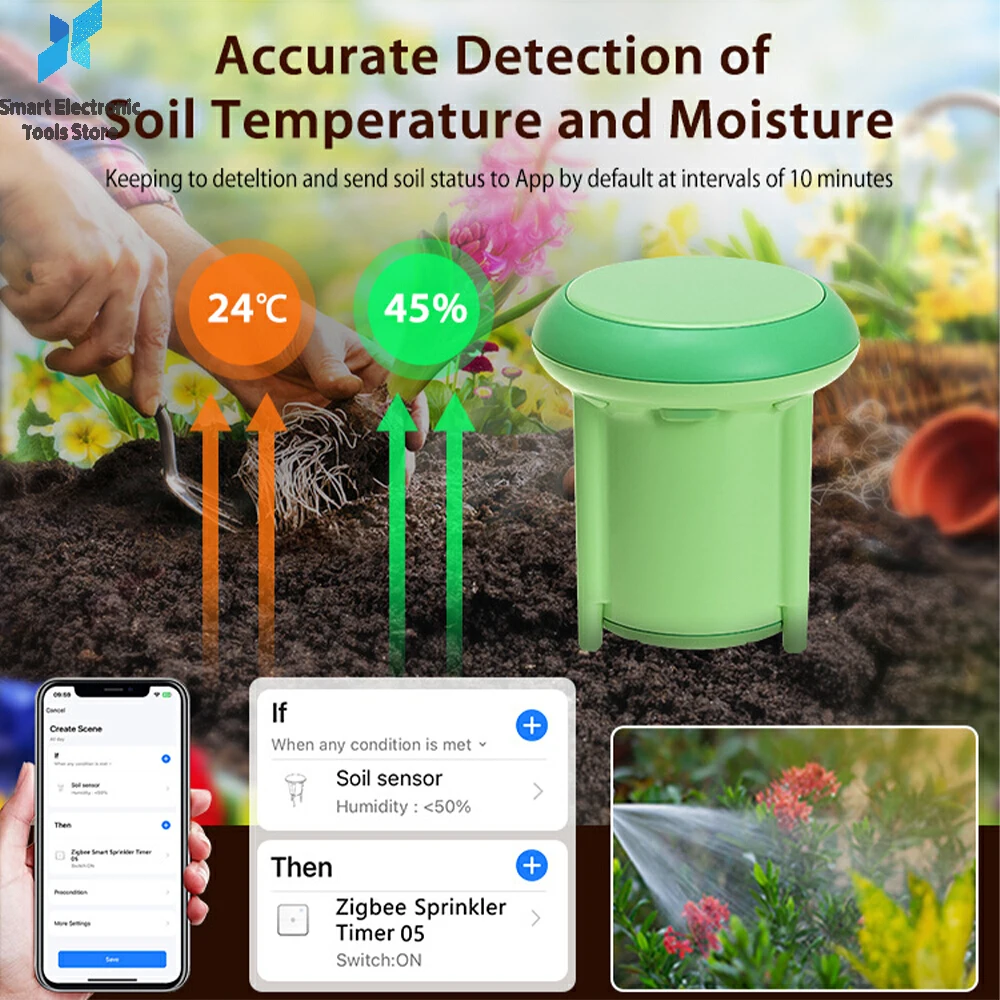 

Tuya Zigbee 3,0 датчик температуры и влажности почвы умный беспроводной тестер почвы автоматический детектор орошения для садового газона