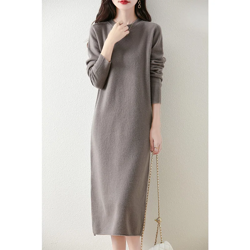 2024 new women's long skirt 100% wool pullover O collar women's long sweater fashion hot sale cashmere women's dress