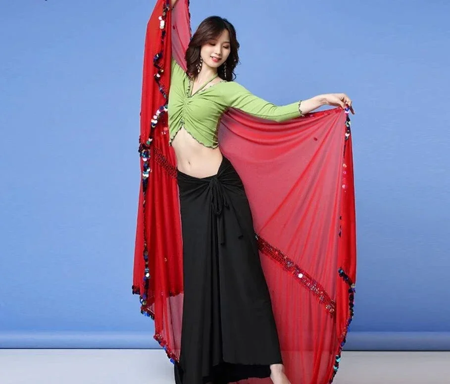 New Woman 230cm Shinning Sequin Hand Scarf Stage Dancewear Scarves Belly Dance Costume Malaya Shawls Belly Dance Veils Red Black