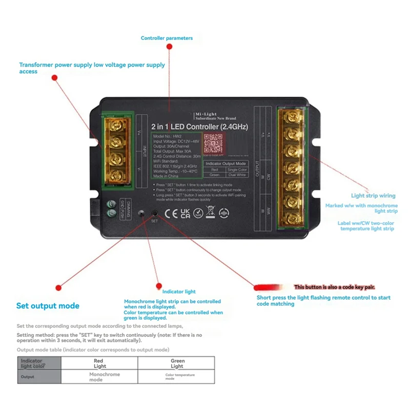 AC57-LED Controller 2IN1 2.4Gwifi+RF Controller Large Current Max 30A For Single Color/Dual White/RGB/RGBW/RGB/CCT Led Strip