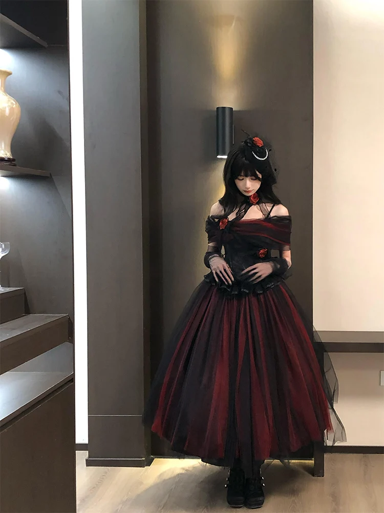 

Ele Red And Bla Tulle Skirt Lolita Birthday Adult Ceremony Dr Princ Puffy Skirt Fairy T Sle JSK for Girls