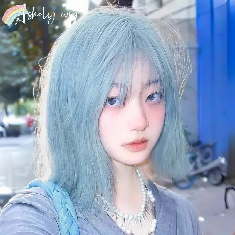 Ashely Blue Short Hair 여성 합성 가발, 일본 밥의 얇은 부분, 자연스러운 흔적 없음, 여름 노화 