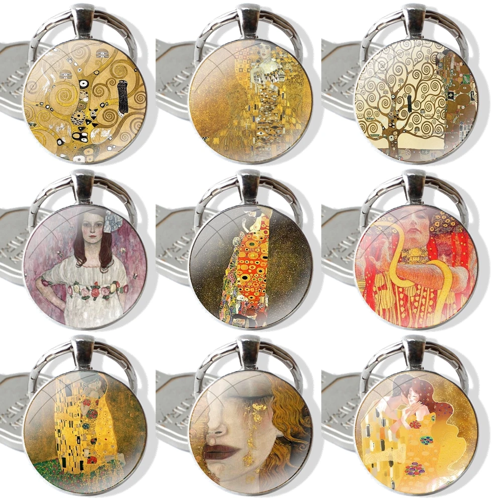 Keychain Handmade Glass Cabochon Key Ring Holder Pendant Key Chains Kiss Gustav Klimt Art Painting