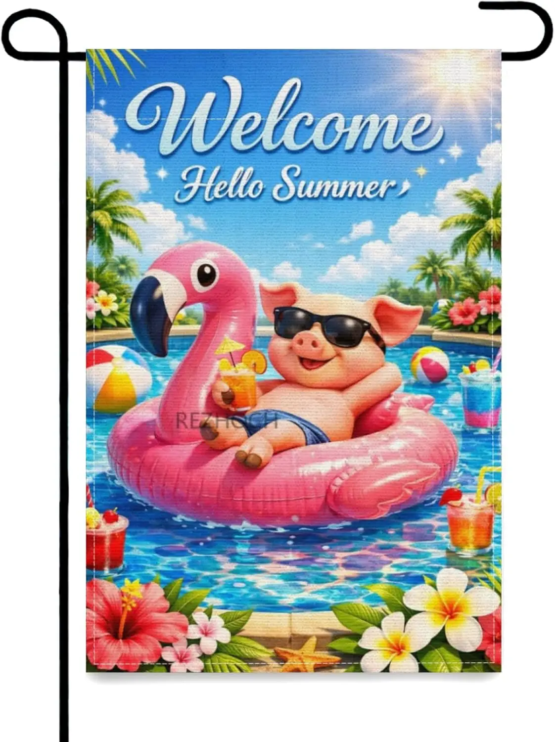 Welcome Hello Summer Funny Pig Garden Flag 12x18 Inch Double Sided,Cute Animal Pool Party Flamingo Float Outdoor Yard Decor, yyi
