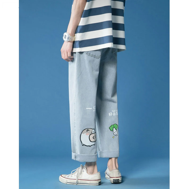 

Spring Summer Thin Cartoon Pattern Men's Jeans Loose Straight Leg Casual Pants Cotton Fabric mid Waist Zipper Fly Multi ket