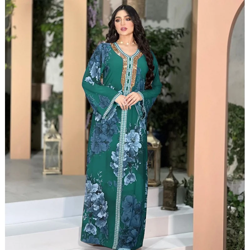 Summer Women Muslim Dress Middle East Dubai Arab Robe Abaya Printed Rhinestones