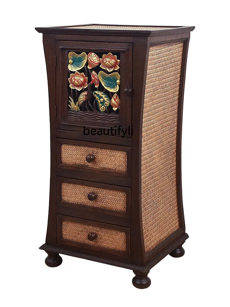 

Imitation Bamboo Chest of Drawers Combination Chinese Solid Wood Living Room Side Cabinet with Door Clothes Closet Locker