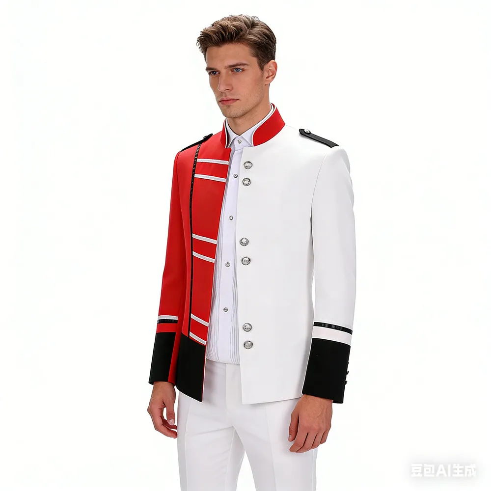European Style Men's Red White Palace Suit Jackets Stand Collar Slim Male Singer Stage Performance Blazers Bar Nightclub Costume