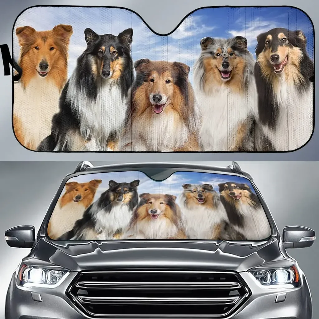 Cute Rough Collies Blue Sky Pattern Car Sunshade, Rough Collie Family Auto Sunshade for Car Decor, Gift for Rough Collie Mom, Ca