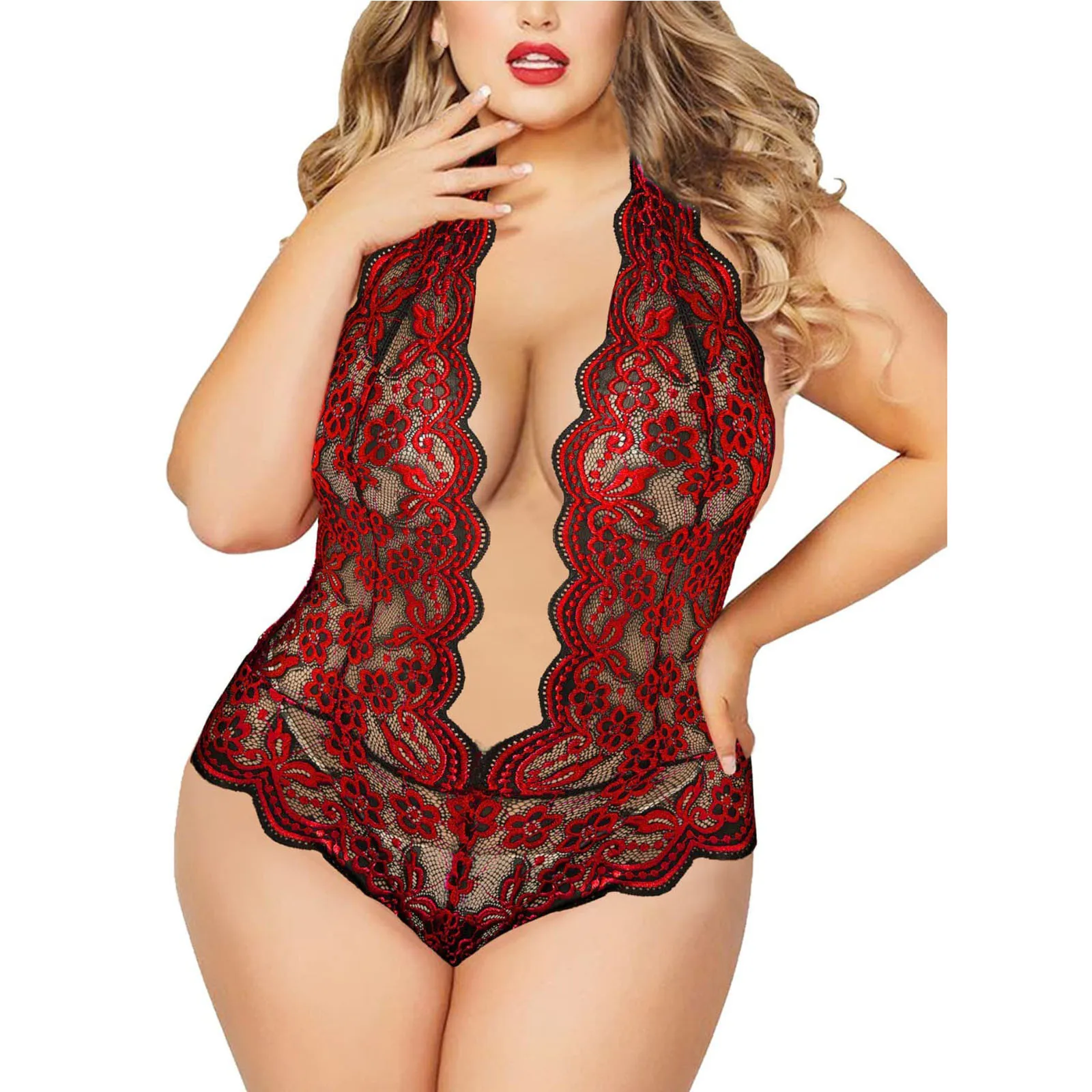 

Sexy Plus Size Lace Lingerie Suits For Women Lace Embroidery Hollow Out See Through Underwear Deep V Neck Ladies Underwire