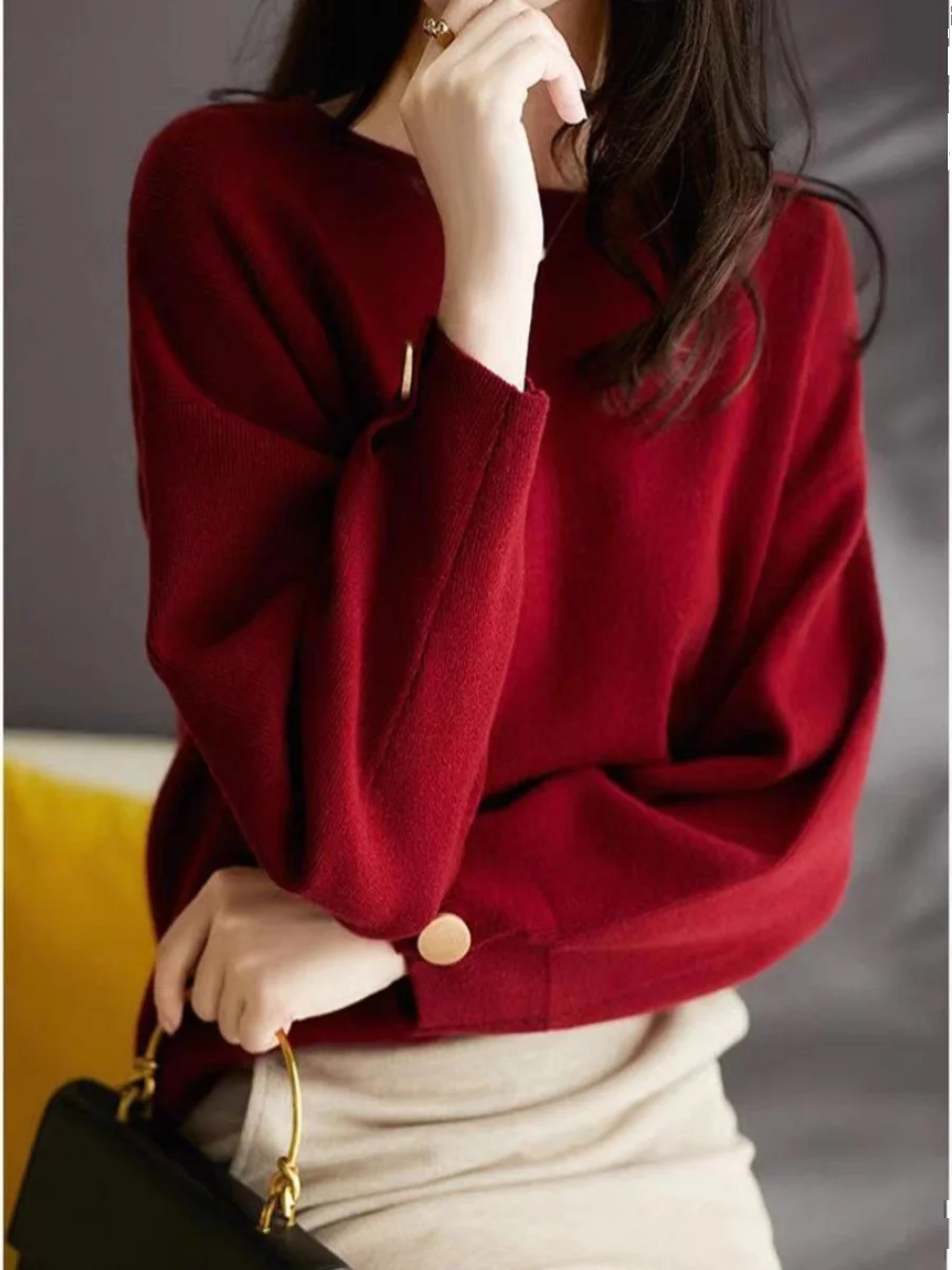 Loose Knitted Base irt Red Luy Year Dragon New Year Inner Wear Sweater Commute Sle Long Sve round Ne Regular Length