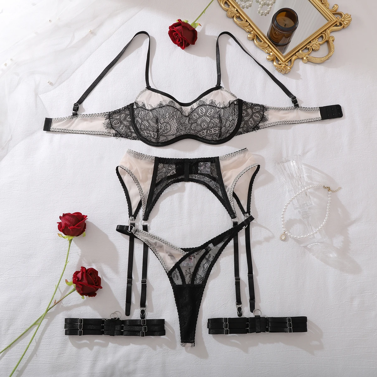 2026 New Fashionable and Comfortable Mesh Splicing Perspective Eyelash Lace Body Shaping Sexy Underwear Split Set