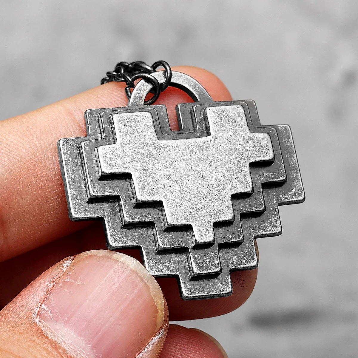 Pixel-style Heart Pendant Men Street Necklace Creative Stereo Couples Stainless Steel Chain Cool Punk Rock Jewelry for Male Gift image 2