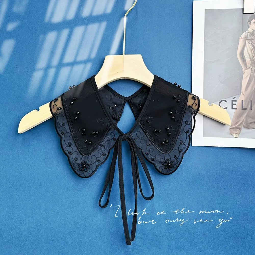New Organza Embroidered Pearl Decorative Shawl with Black White Nail Bead Tie Versatile Style Fake Collar