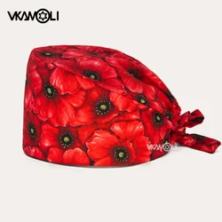 Gorros de enfermería con estampado de flores rojas para mujer, gorros quirúrgicos para hospital