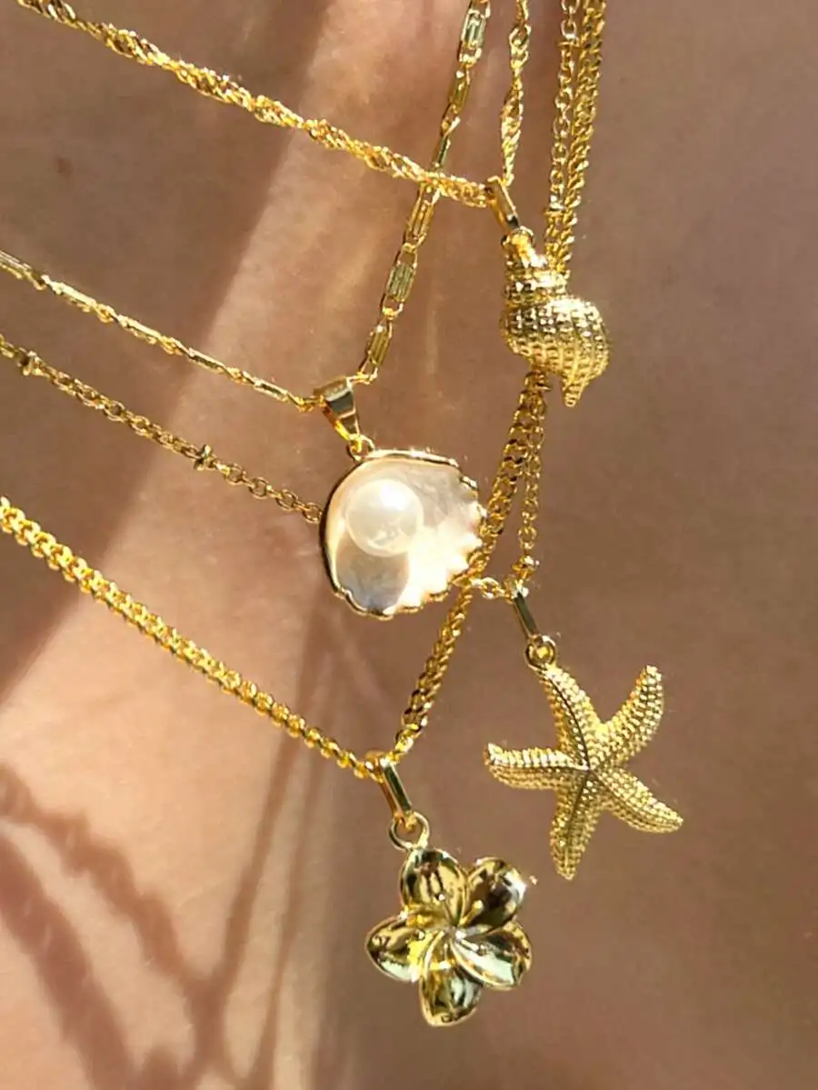4-Piece Shell, Starfish, Pearl Flower Metal Multi-Element Pendant Necklace Set, Fashion Layered Elegant Vintage Retro Design, Suitable For Holiday, Party, Gift, Daily Wear, Beach Resort