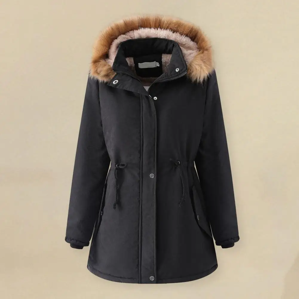 

Autumn Winter Women Coat Mid-length Detachable Hooded Jacket Solid Color Fleece Lining Stand Collar Long Sleeve Outwear