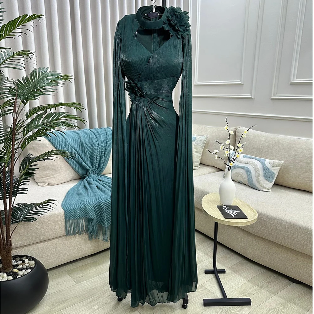 カスタマイズされた A ラインのイブニングドレス フロアレングス ハイネック フルスリーブ プロムドレス ファッション フラワー プリーツ シンプル ドレープ パーティードレス