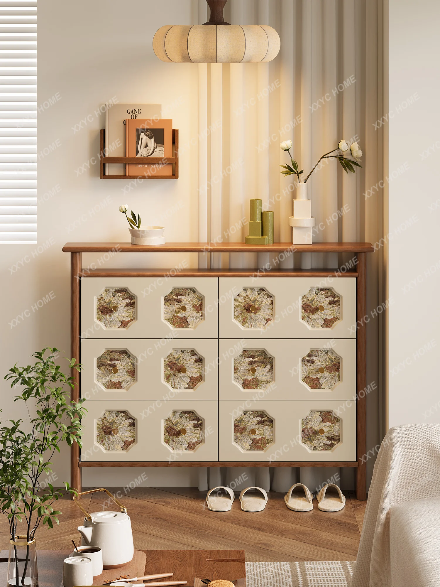 A003 Medieval solid wood retro printing, household shoe changing cabinet, vertical cabinet storage and storage integrated cabine