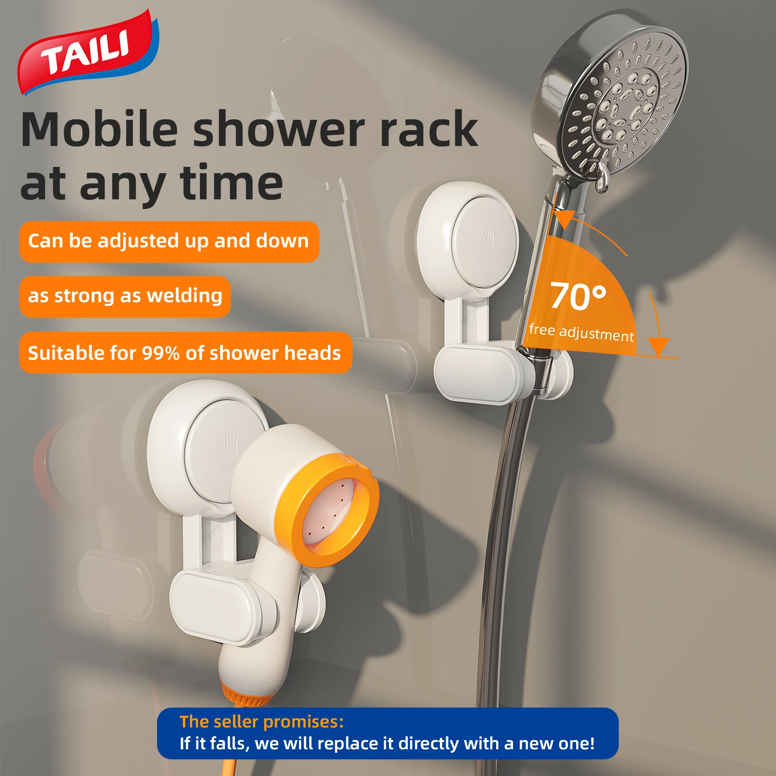 TAILI Suction Shower Head Holder Adjustable Reusable Wall Mounted Handle 360° Rotatable Load-bearing 5kg Detachable Punch-free