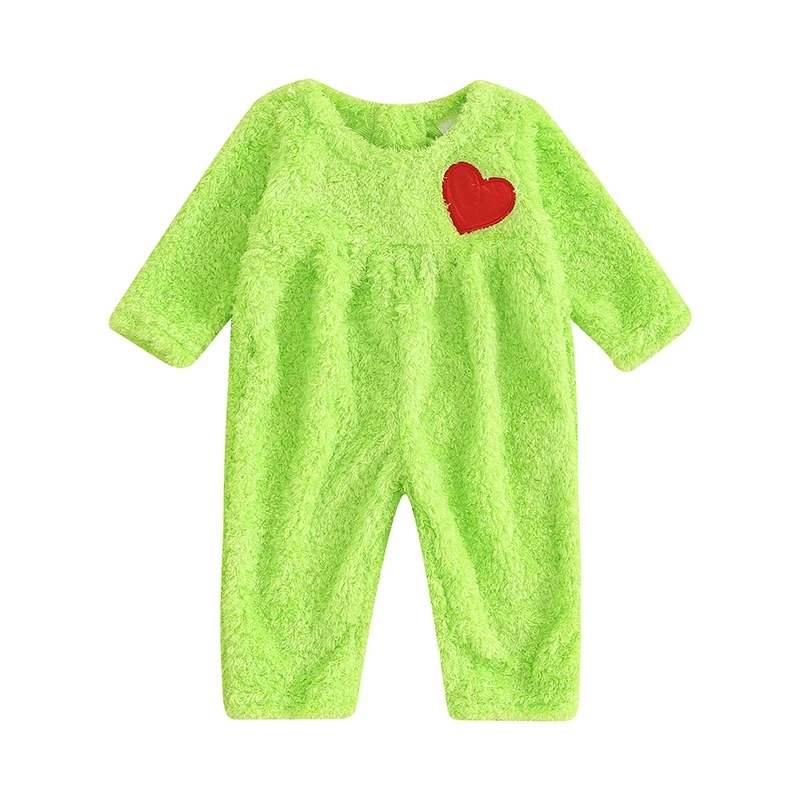 Baby Boys Girls Christmas Jumpsuits Fuzzy Long Sleeve Heart Pattern Rompers Newborn Green Monster Costume