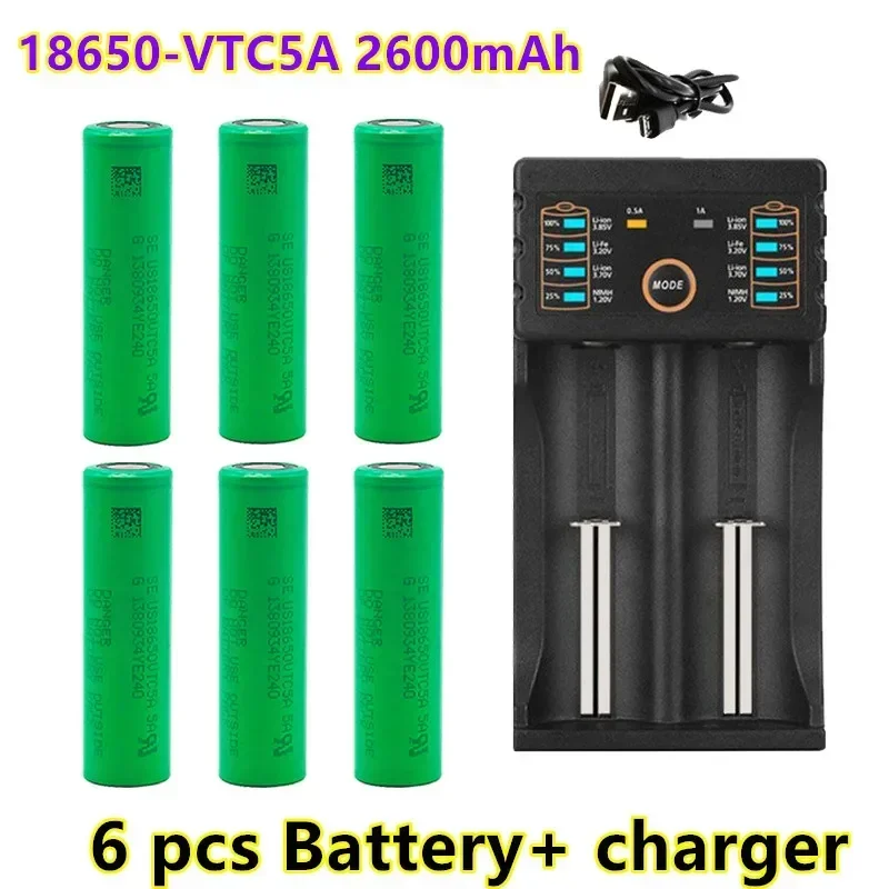 100% 18650ต้นฉบับ3.7V 2600mAh แบตเตอรี่โทรศัพท์ Li สำหรับ Sony US18650 VTC5A 2600mAh + ที่ชาร์จแบตเตอรี่1ชิ้น