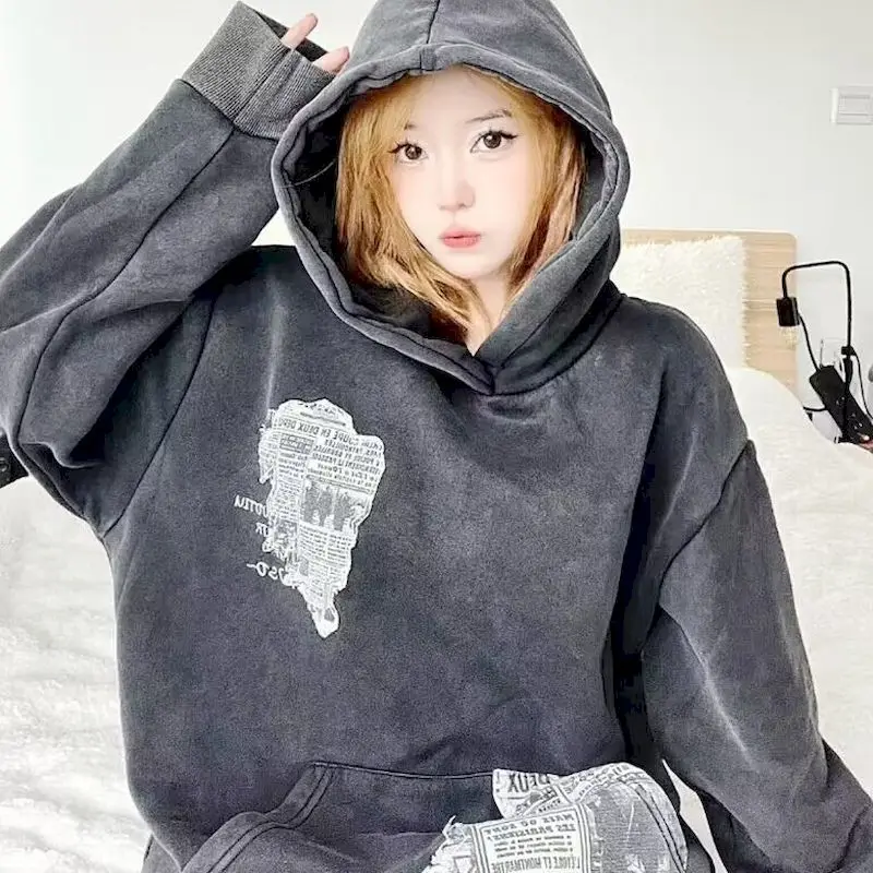 Oversized hoodies dames gewassen oude krant patchwork jassen met capuchon herfst winter trend heren dames straat vintage hoodie Y2k