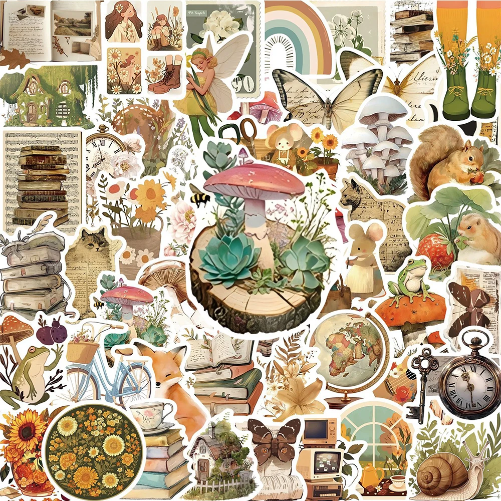10/30/50pcs Vintage Art Pattern Animal Cartoon Stickers Aesthetic Decals DIY Scrapbooking Phone Case Cute Decoration Sticker Toy