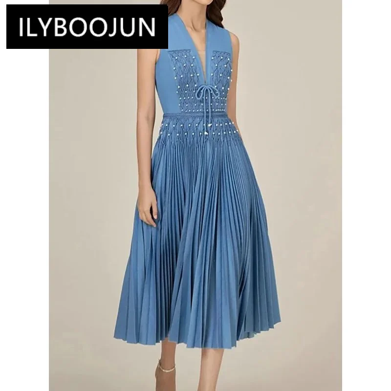 ILYBOOJUN Women\'s Fashion Dress V-neck Sleeveless Pleated Pearl Denim High Waist Female Elegant Dresses Summer 2024 New