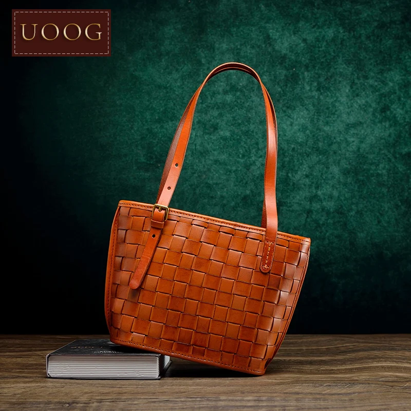 UOOG Leather woven bag French minority armpit bag design Handmade cowhide handbag Top layer cowhide bucket bag commuting