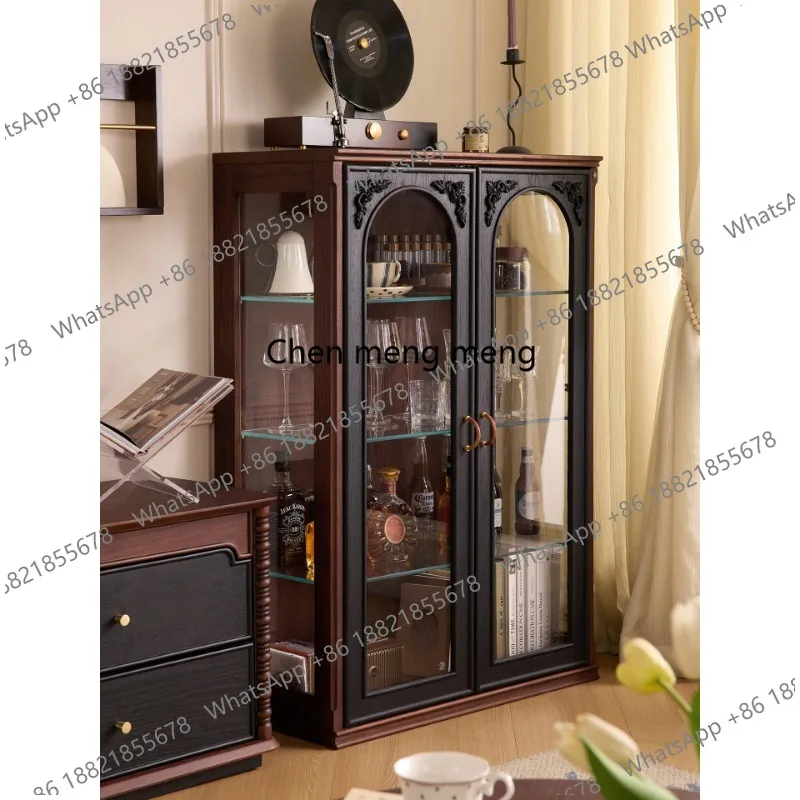 Retro solid wood display cabinet, living room glass, medieval home storage, display cabinet