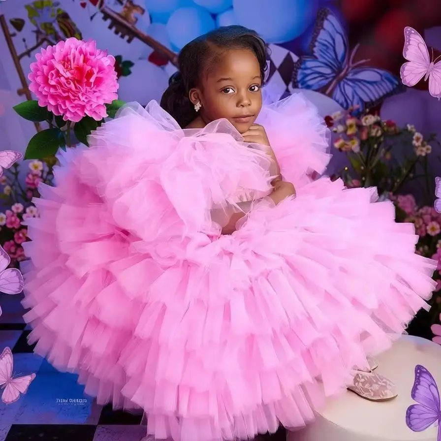 Pink Ruffles Flower Girl Dresses Customized Tiered Tulle Tutu Litter Queen Ball Gowns Girls Birthday Dress For Wedding