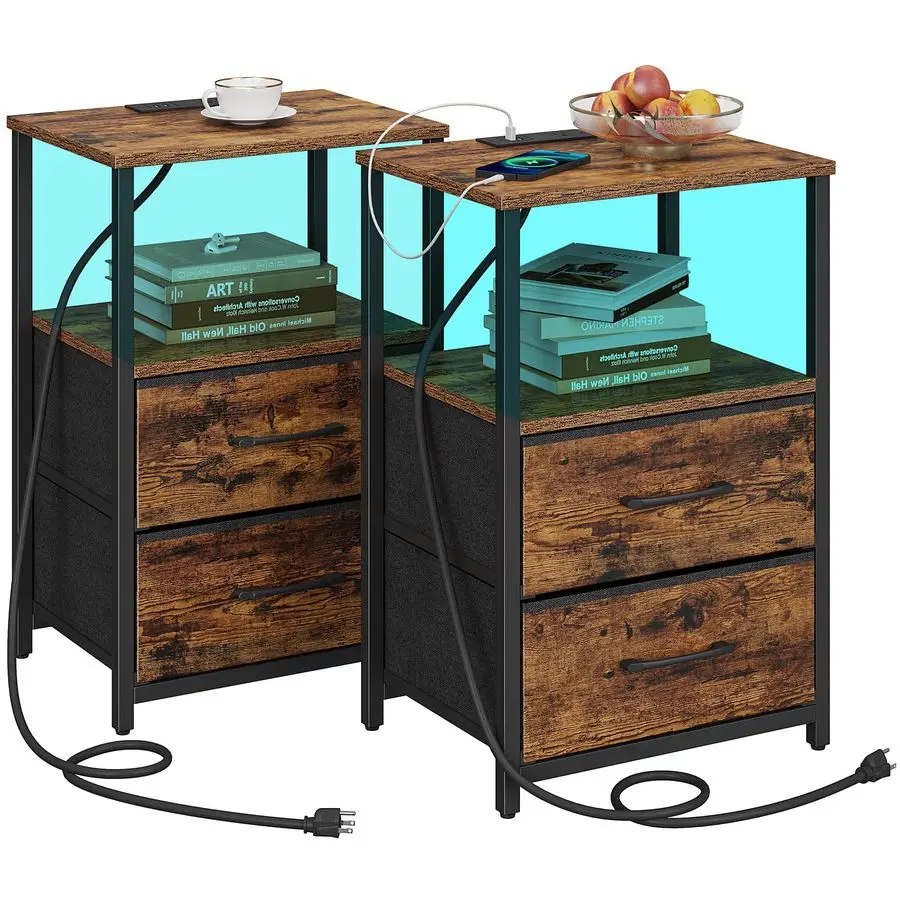 

LED End Table with Charging Station, Nightstand with Cloth Drawer, Side Table with 1 USB Port and 1 TypeC Port, Set of 2, Couch