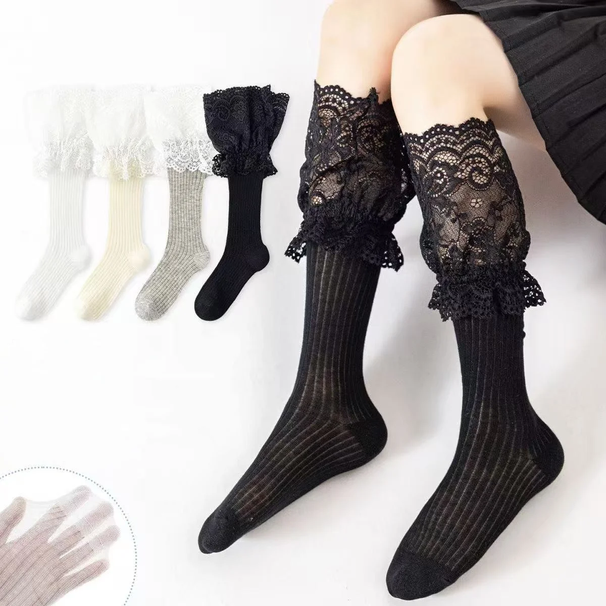 

Summer Children Girls' Boneless Socks Sweet Lolita Lace Mesh Combed Cotton Child Princess Long Sock Solid Kids Calf Socks 3-12Y
