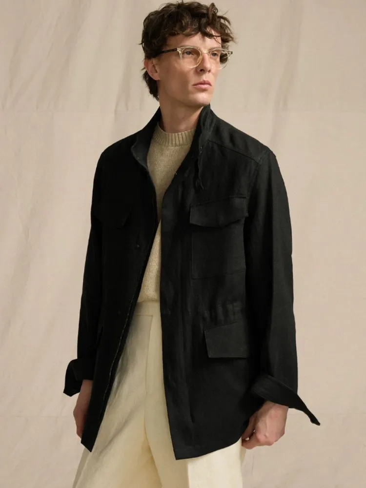 Men Spring Summer Breathable Linen Jacket Vintage Casual Stand Collar Solid Color Harajuku Outerwear Long Sleeve Cargo Coat Male