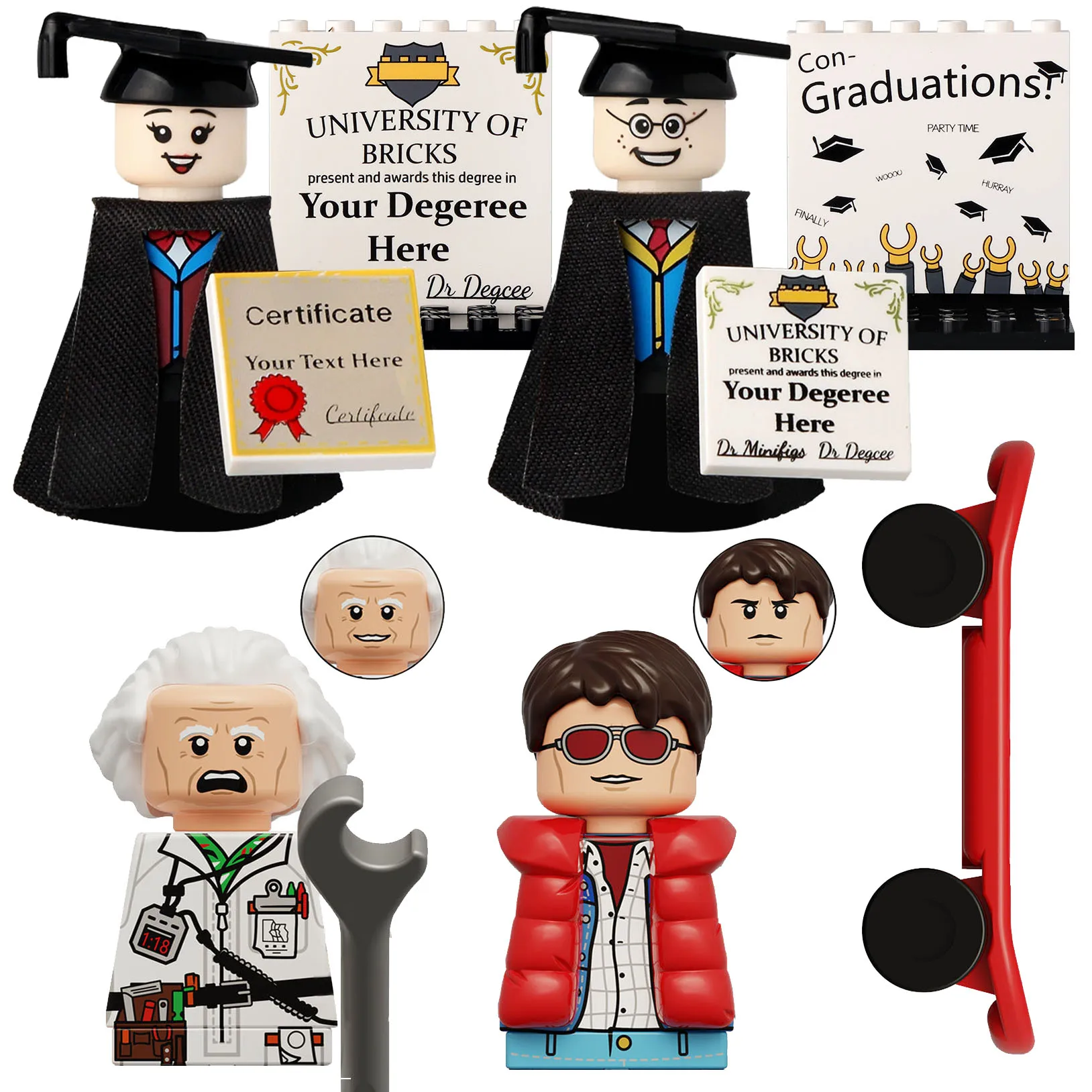 MOC City Figuras de Científicos de Laboratorio con Toga de Licenciado, Bloques de Construcción, Chaqueta de Skateboard, Llave Inglesa, Ladrillos, Juguetes, Regalo para Niños